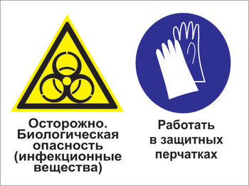 Кз 73 осторожно - биологическая опасность (инфекционные вещества). работать в защитных перчатках. (пленка, 400х300 мм) - Знаки безопасности - Комбинированные знаки безопасности - vektorb.ru